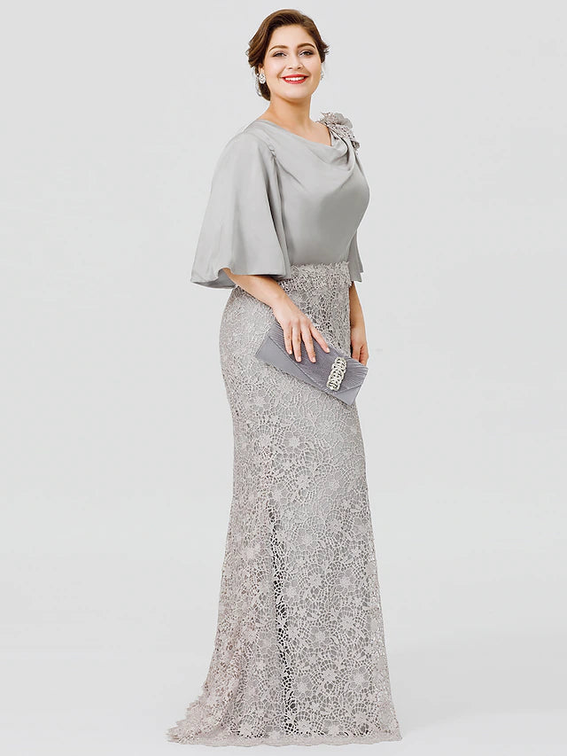 Mermaid / Trumpet Mother of the Bride Dress Plus Size Sexy Cowl Neck Sweep / Brush Train Satin Chiffon Lace Over Satin Half Sleeve No with Appliques