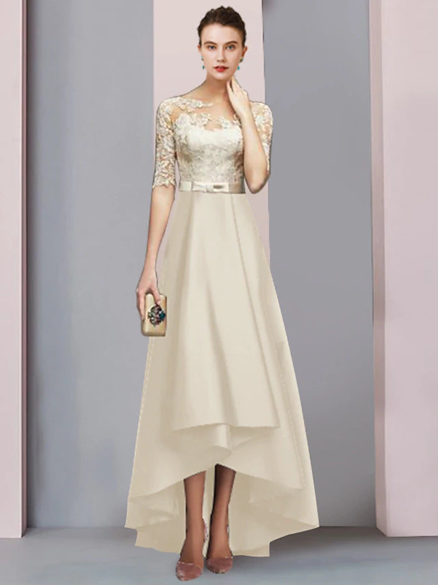 A-Line Mother of the Bride Dress Formal Wedding Guest Elegant High Low Scoop Neck Asymmetrical Tea Length Satin Lace Half Sleeve with Bow(s) Appliques