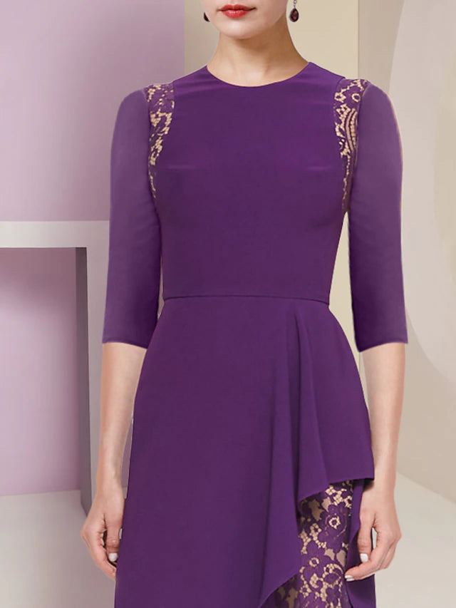 A-Line Mother of the Bride Dress Formal Elegant Scoop Neck Sweep / Brush Train Lace Stretch Fabric Half Sleeve with Pleats