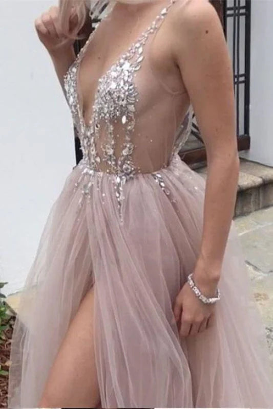 A Line Tulle Sparkly V Neck Rhinestone Long Prom Dress