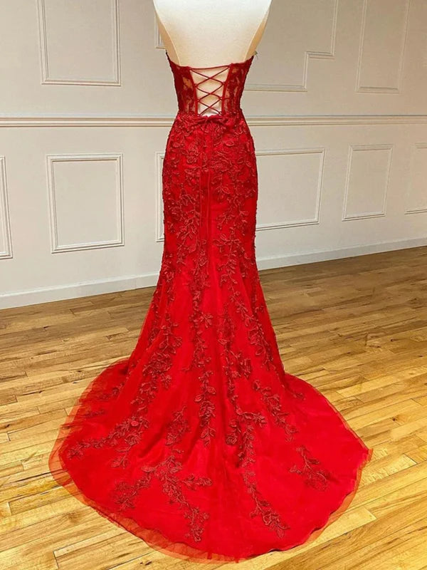 Mermaid Open Back Strapless Lace Long Prom Dresses with Train