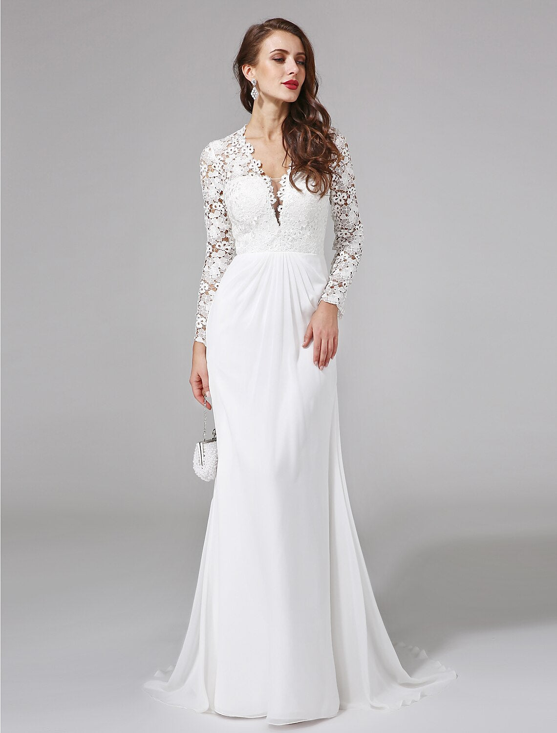 Beach Royal Style Boho Wedding Dresses Sweep / Brush Train Sheath / Column Long Sleeve Illusion Neck Chiffon With Lace Button