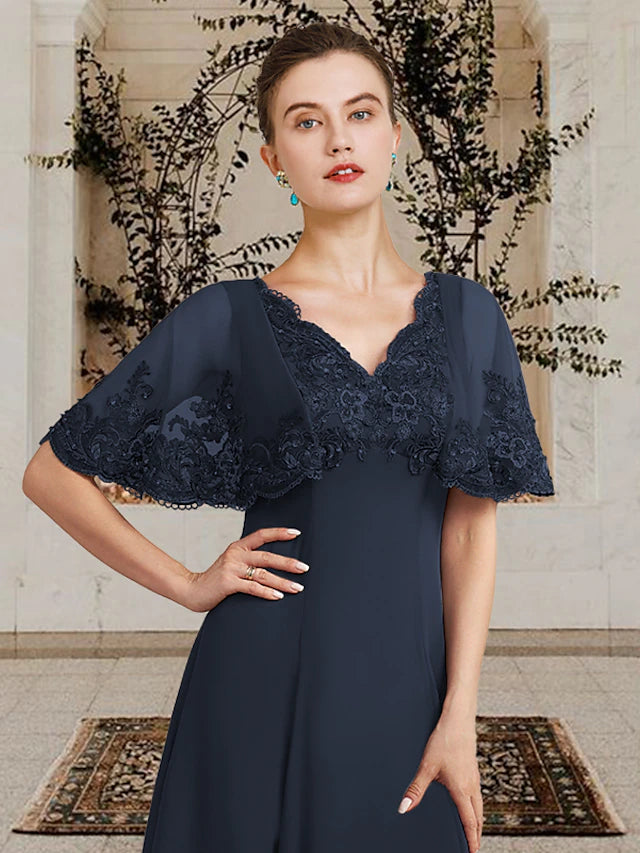 A-Line Mother of the Bride Dress Plus Size Elegant High Low V Neck Asymmetrical Tea Length Chiffon Lace Sleeveless with Appliques