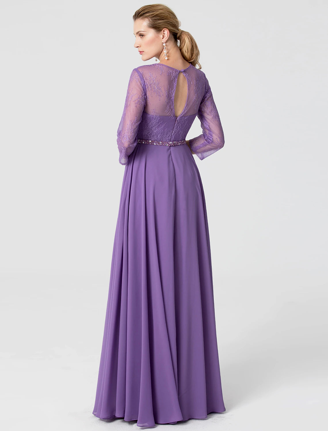 A-Line Elegant Holiday Cocktail Party Formal Evening Dress V Neck 3/4 Length Sleeve Floor Length Chiffon Lace with Sash / Ribbon Beading / Illusion Sleeve