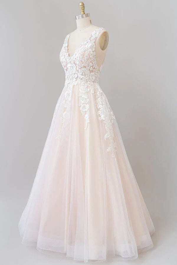 A-line V-neck Appliques Lace Tulle Backless Long Wedding Dress