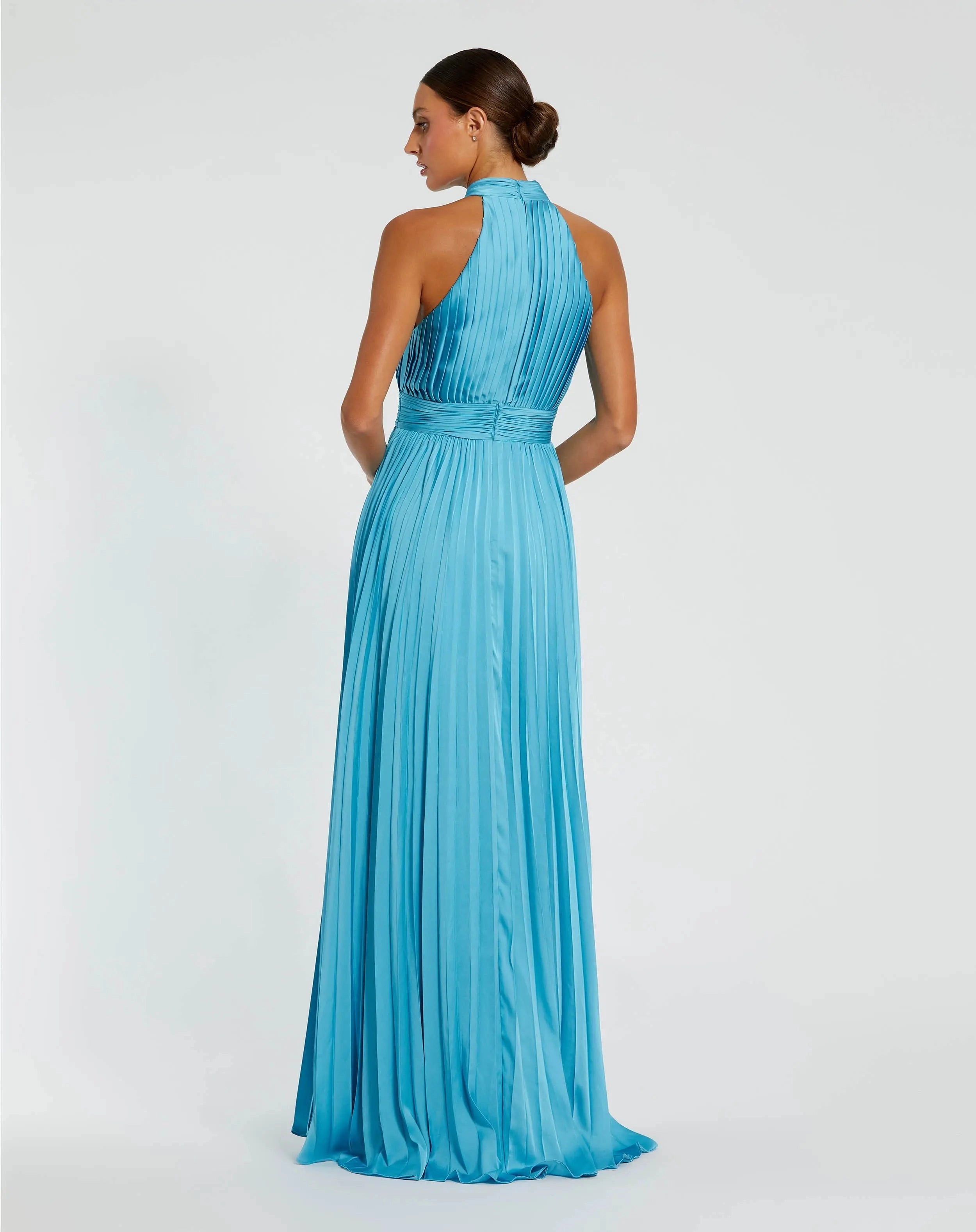 Halter pleated satin turquoise a line prom gown
