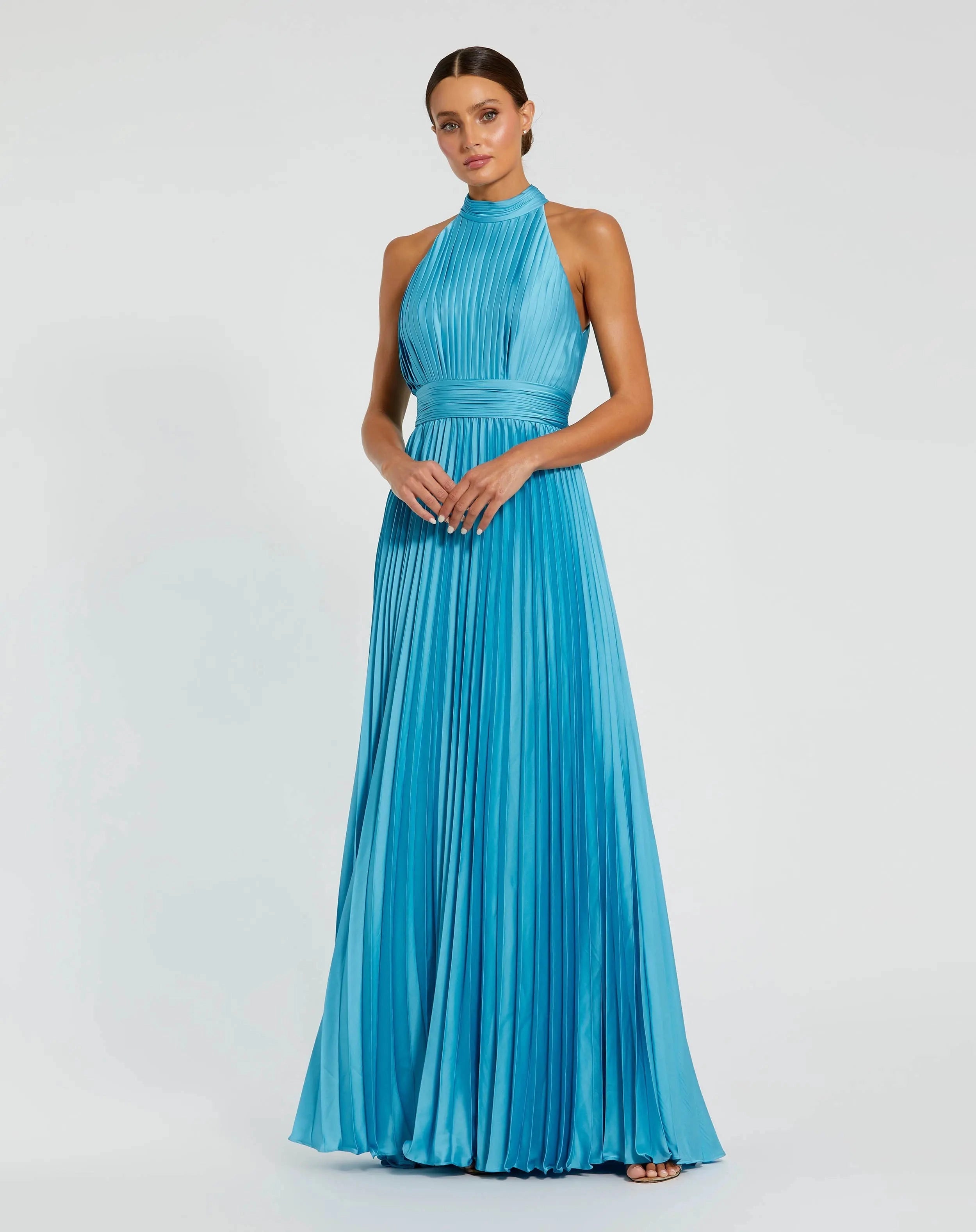 Halter pleated satin turquoise a line prom gown