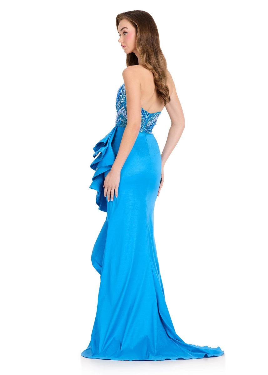 Strapless Turquoise Beaded Mermaid Ruffle Slit Prom Dress Train