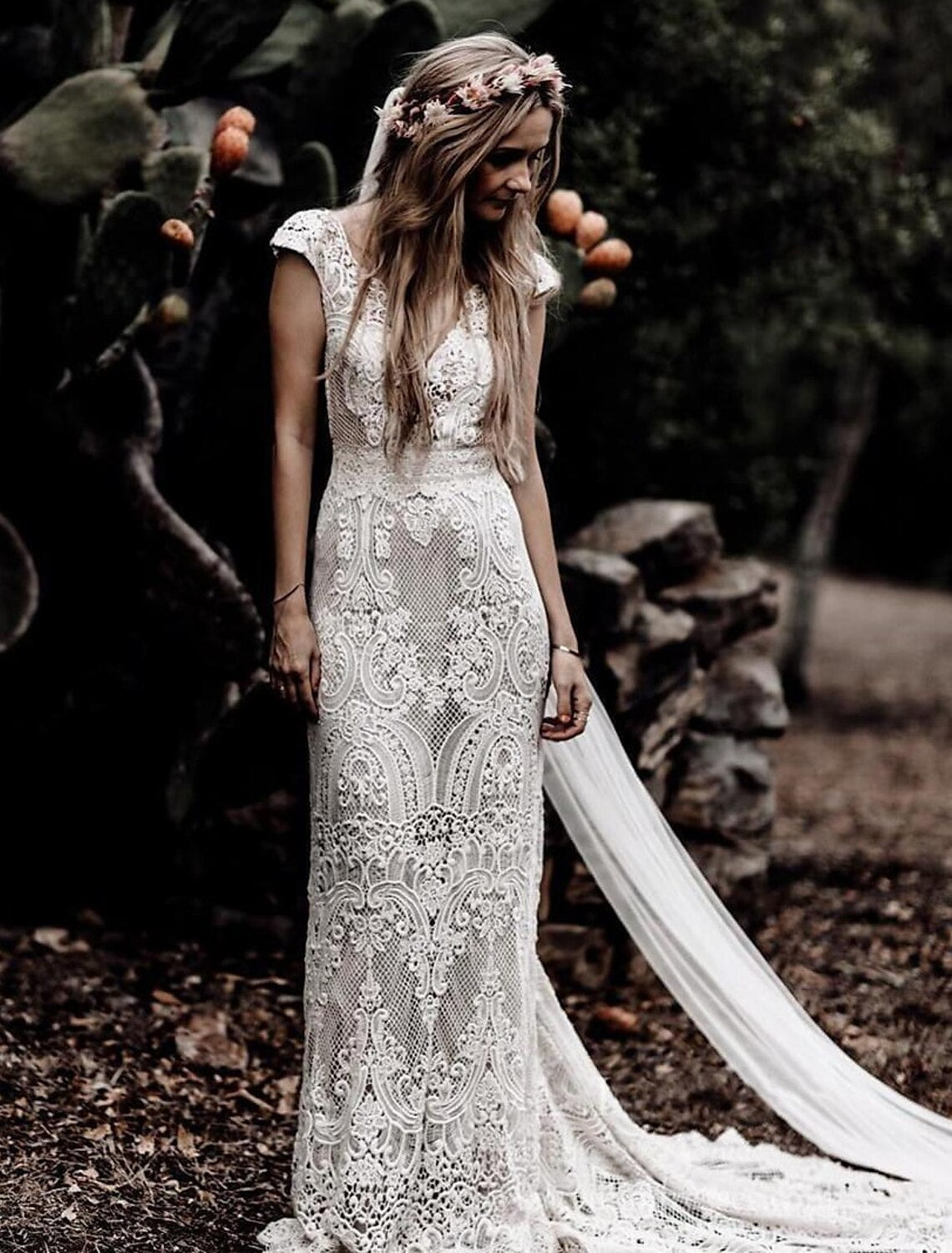 Beach Boho Wedding Dresses Mermaid / Trumpet V Neck Cap Sleeve Court T – BL Dress