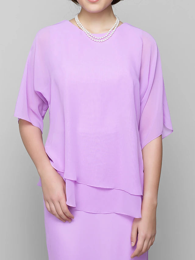 Mermaid / Trumpet Mother of the Bride Dress Elegant Scoop Neck Floor Length Chiffon Half Sleeve with Pleats