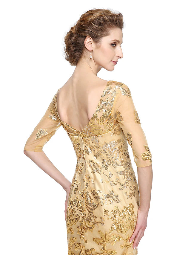 Mermaid / Trumpet Mother of the Bride Dress Elegant Sparkle & Shine V Neck Floor Length Tulle Sequined Half Sleeve with Sequin