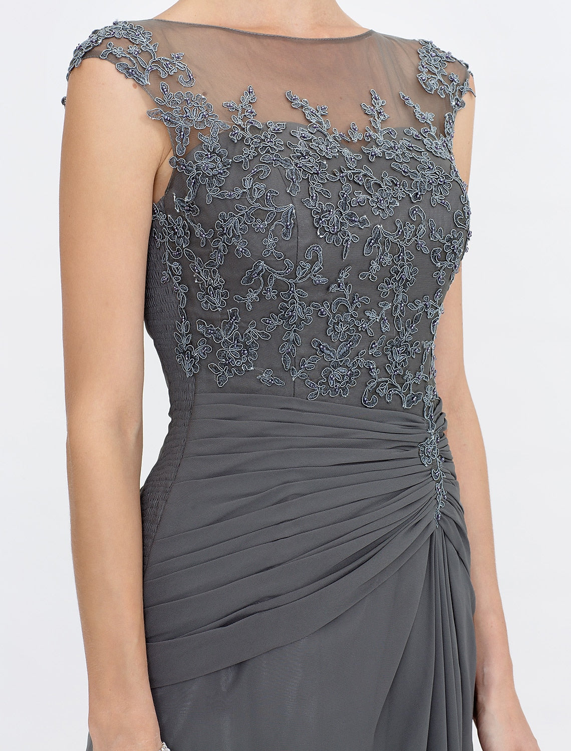 A-Linie Kleid für die Brautmutter, Hochzeitsgast, elegant, durchsichtig, Bateau-Ausschnitt, bodenlang, Chiffon, Spitze, ärmellos, mit seitlicher Drapierung