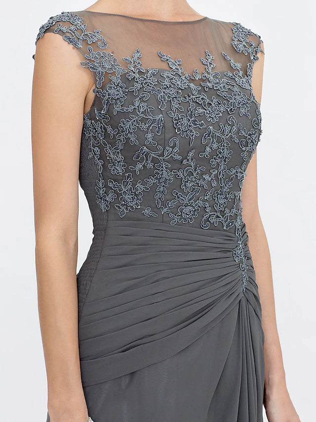 A-Linien-Kleid für die Brautmutter, elegant, durchsichtig, U-Boot-Ausschnitt, bodenlang, Chiffon, Spitze, ärmellos, mit seitlicher Drapierung