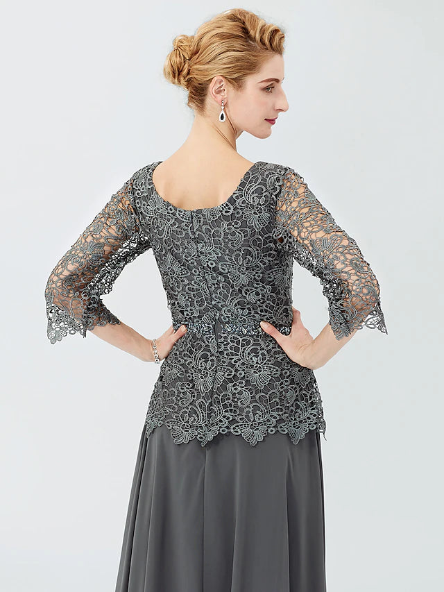 Ball Gown A-Line Mother of the Bride Dress Formal Classic & Timeless Elegant & Luxurious Elegant Scoop Neck Floor Length Chiffon Corded Lace 3/4 Length Sleeve with Sashes / Ribbons Beading