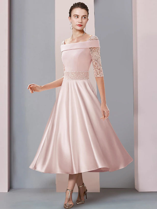 A-Line Mother of the Bride Dress Formal Wedding Guest Elegant Square Neck Tea Length Satin Lace Half Sleeve with Pearls