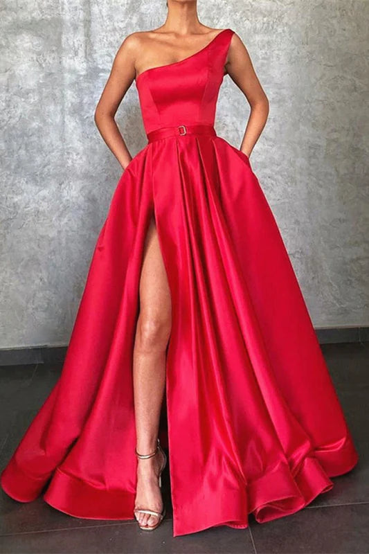 One Shoulder Convenient Pockets Prom Dresses With Split