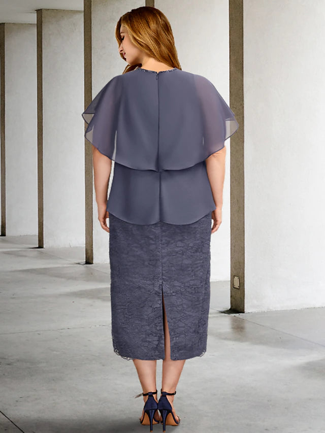 A-Line Plus Size Curve Mother of the Bride Dresses Elegant Dress Formal Tea Length Short Sleeve Jewel Neck Chiffon with Beading Ruffles Slit