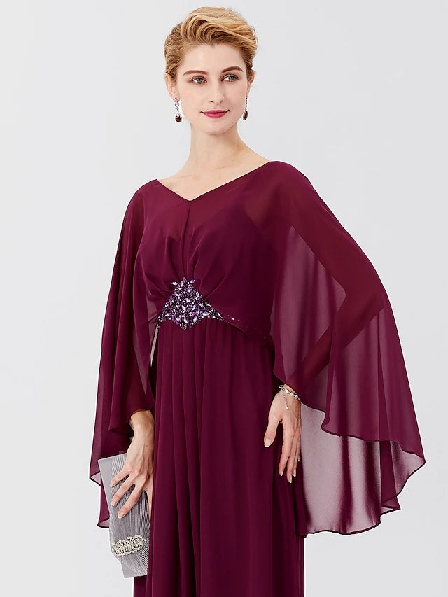 Sheath / Column Mother of the Bride Dress Formal Classic & Timeless Elegant & Luxurious Elegant V Neck Floor Length Chiffon Long Sleeve with Pleats Beading