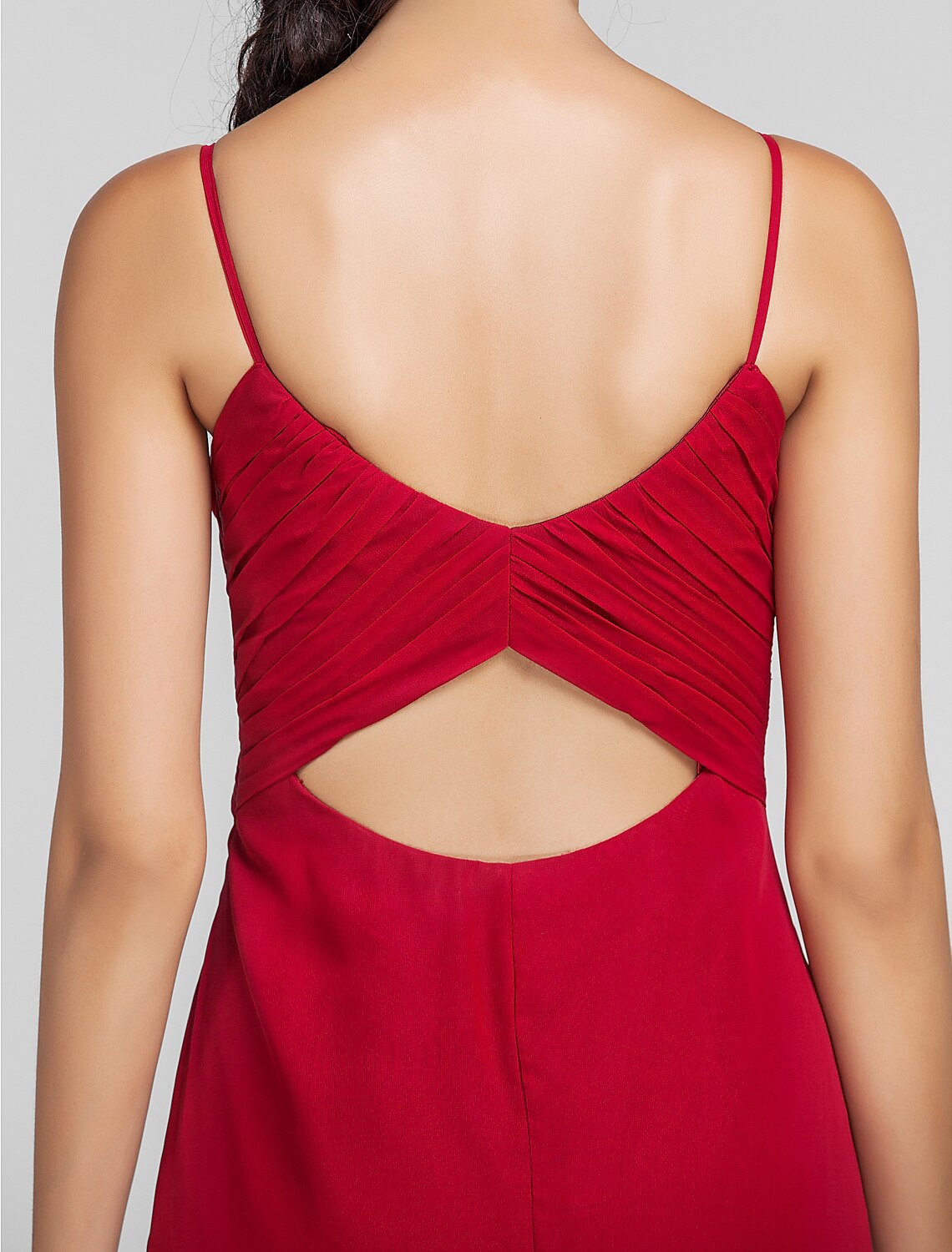 Etui-/Säulen-Brautjungfernkleid mit Spaghettiträgern und bodenlangem Chiffon-Kleid