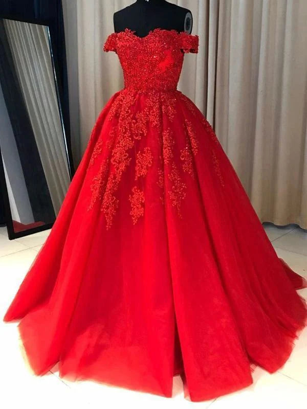 A-line Off the Shoulder Lace Appliques Long Tulle Evening Gown Prom Dress