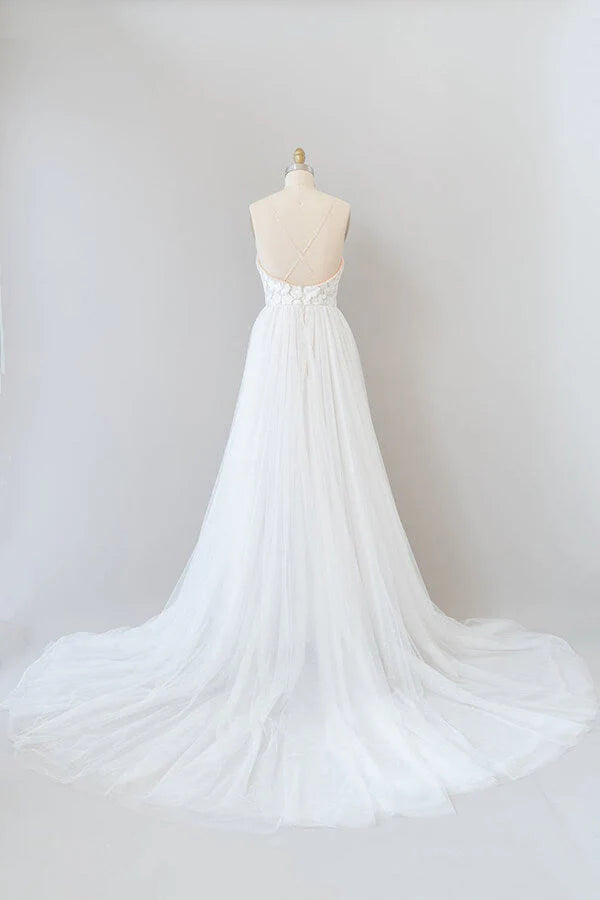 A-line Chapel Train Appliques Tulle Backless Long Wedding Dress
