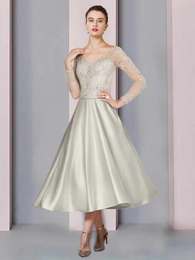 A-Line Mother of the Bride Dress Formal Church Party Elegant V Neck Tea Length Satin Lace Long Sleeve with Beading Appliques