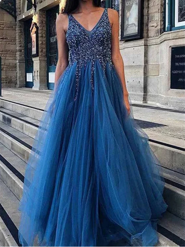 V Neck Backless Tulle Long Prom Dresses with Beaded Long Formal Evening Dresses