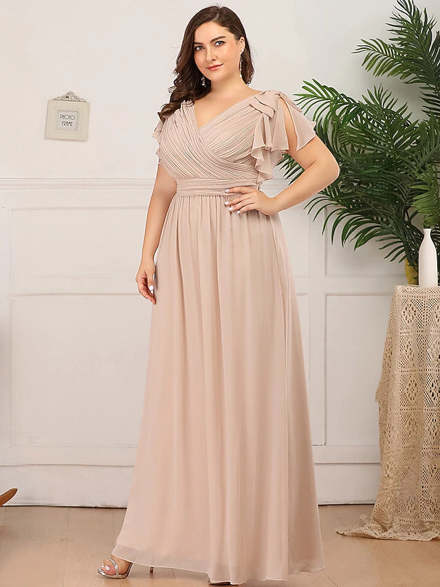 A-Line Mother of the Bride Dress Plus Size V Neck Floor Length Chiffon Short Sleeve with Ruffles Ruching