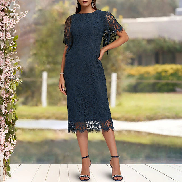 Sheath / Column Mother of the Bride Dress Wedding Guest Elegant Jewel Neck Tea Length Lace Short Sleeve with Solid Color