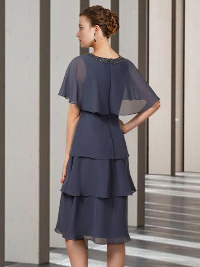 Sheath / Column Mother of the Bride Dress Elegant Jewel Neck Knee Length Chiffon Short Sleeve with Beading Ruffles