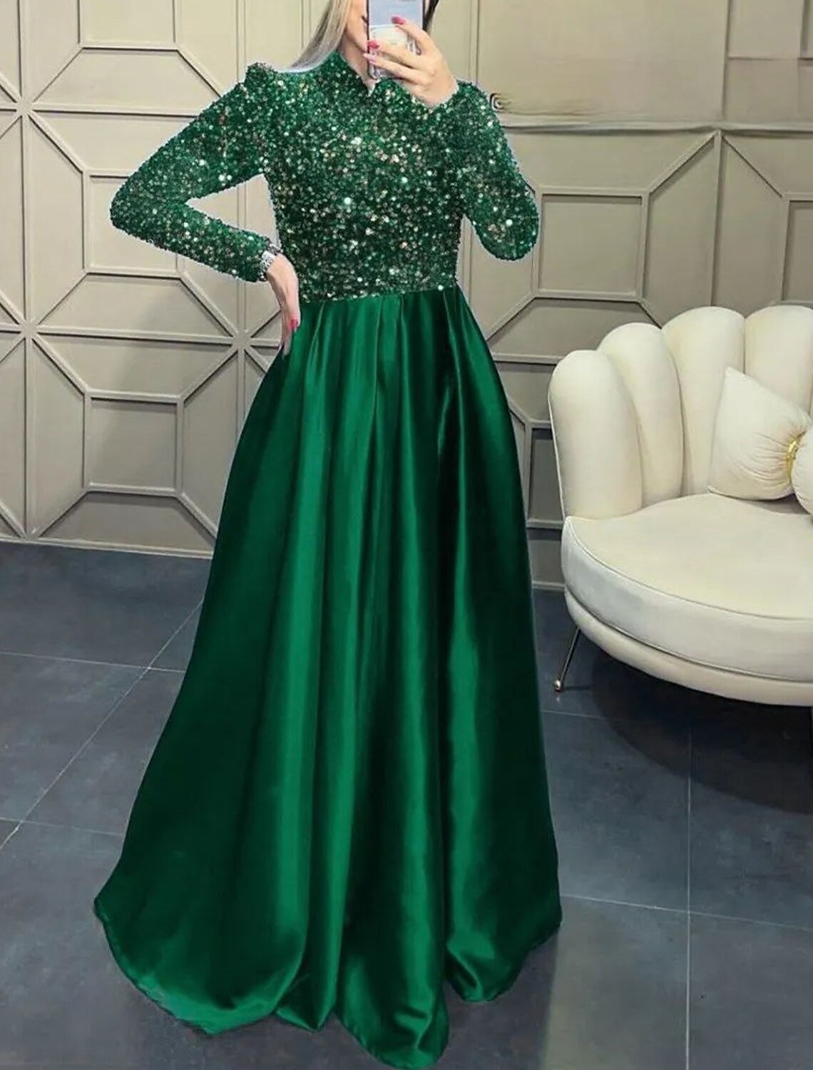 A-Line Evening Gown Sparkle Christmas Red Green Dress Wedding Guest Fall Floor Length Long Sleeve High Neck Satin with Sequin