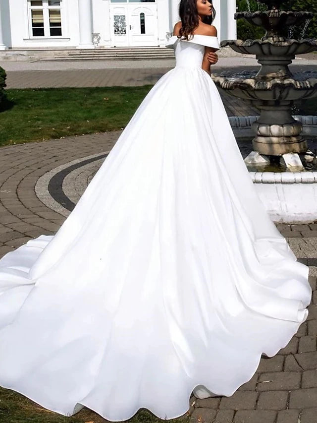 Formal Wedding Dresses Chapel Train Ball Gown Cap Sleeve Off Shoulder Satin With Pleats