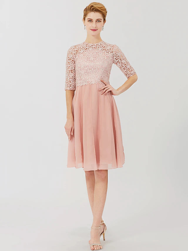 Ball Gown Mother of the Bride Dress Formal Classic & Timeless Elegant & Luxurious Convertible Dress Illusion Neck Knee Length Chiffon Floral Lace 3/4 Length Sleeve with Crystal Brooch