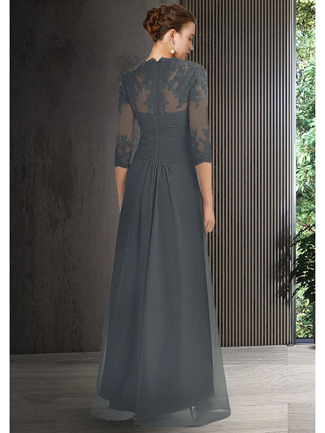 Two Piece Sheath / Column Mother of the Bride Dress Elegant High Low Bateau Neck Asymmetrical Chiffon Lace 3/4 Length Sleeve Jacket Dresses with Draping Crystal Brooch