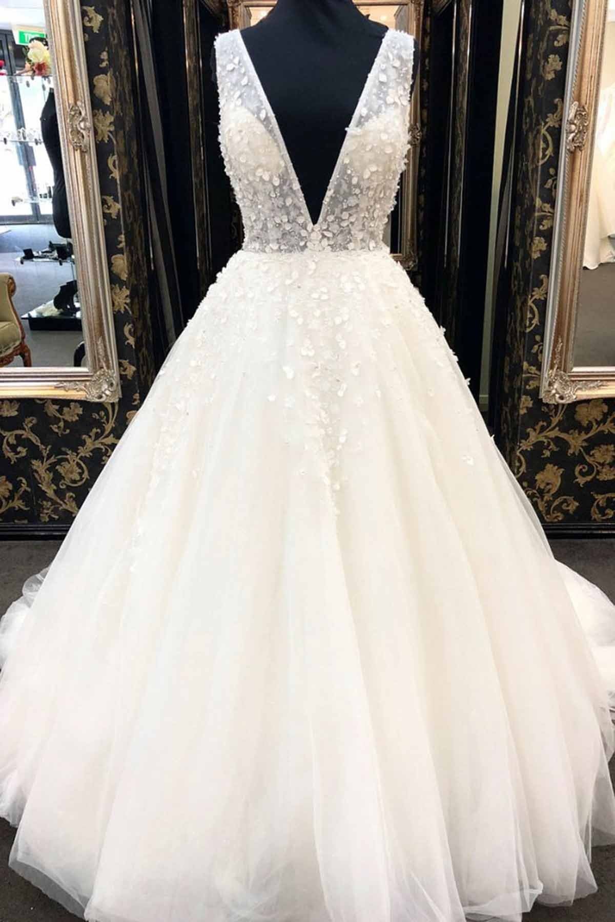 A-Line Deep V Neck Tulle Long Wedding Dress