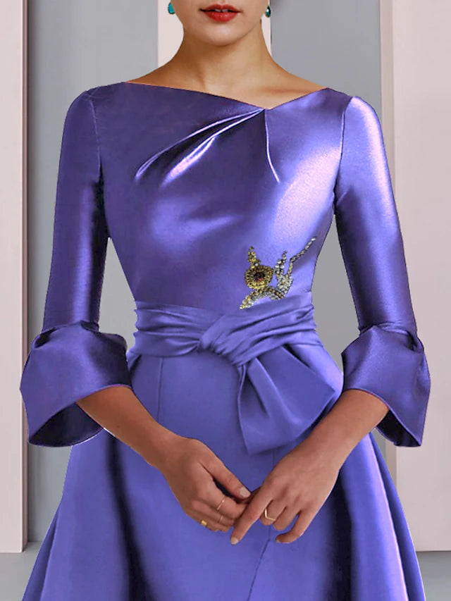 A-Line Mother of the Bride Dress Formal Party Elegant Scoop Neck Floor Length Satin 3/4 Length Sleeve with Bow(s) Pleats Embroidery