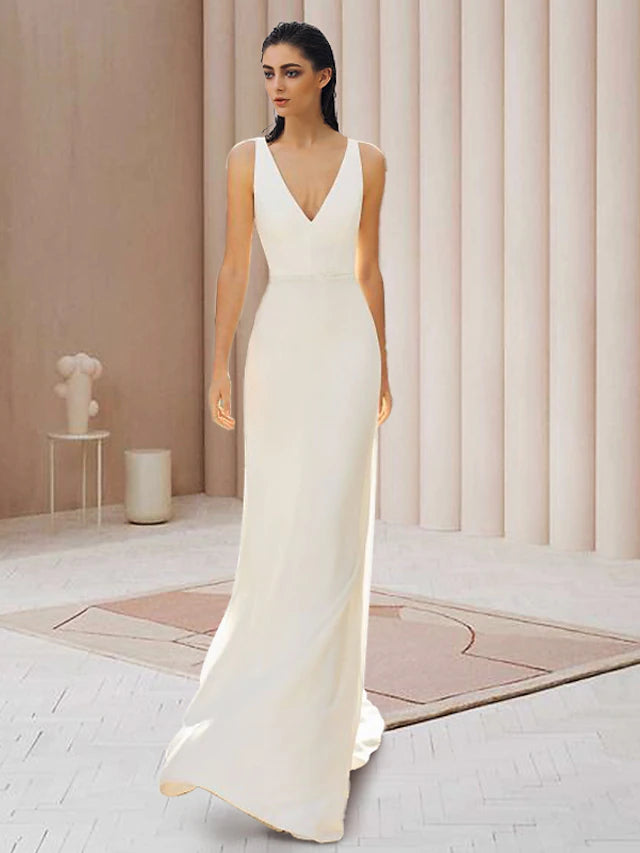 Verlobungskleid mit offenem Rücken, formelle Brautkleider, Hofschleppe, zweiteilig, lange Ärmel, V-Ausschnitt, Spitze mit Schleife(n)