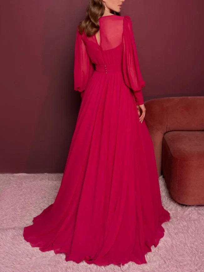 A-Line V Neck Long Sleeves Floor Length Evening Dress