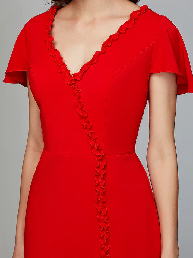 Etuikleid/Säulenkleid für die Brautjungfer, V-Ausschnitt, kurze Ärmel, offener Rücken, bodenlang, Chiffon mit Schlitz vorne