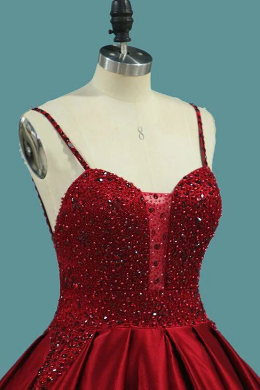Spaghettiträger Satin Kristalle Perlen Formelles Ballkleid