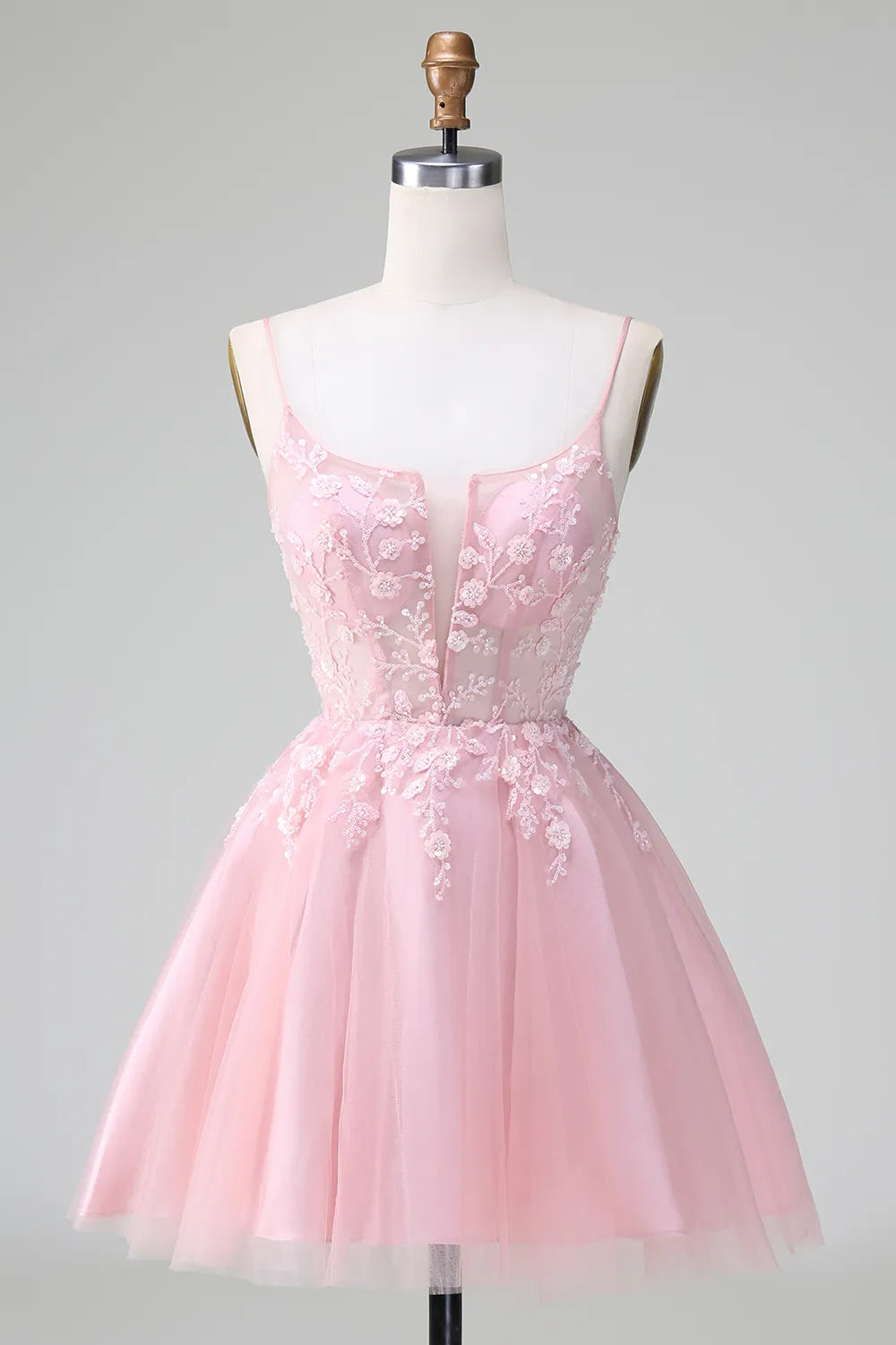 A-Line Spaghetti Straps Tulle Short Homecoming Dress with Appliques