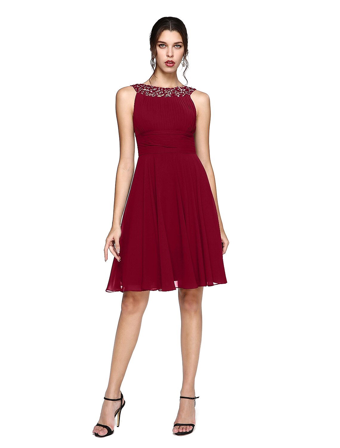 A-Linie Cocktailkleider Partykleid Hochzeitsgast Cocktailparty Knielang Ärmellos Illusionsausschnitt Chiffon mit gerüschtem Pailletten-Spitzeneinsatz