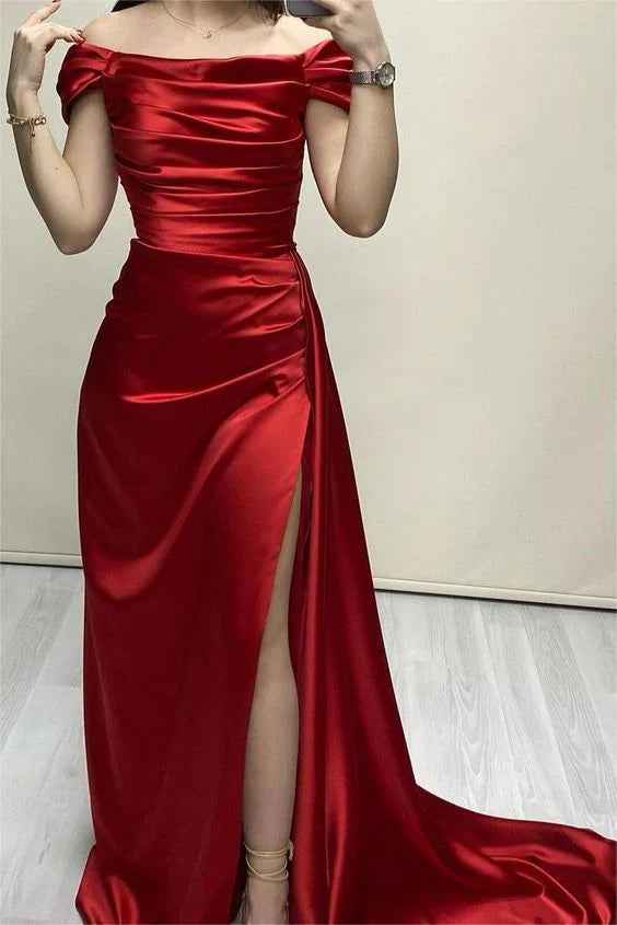 A-line Off The Shoulder Evening Dress With Slit Long Prom Dress