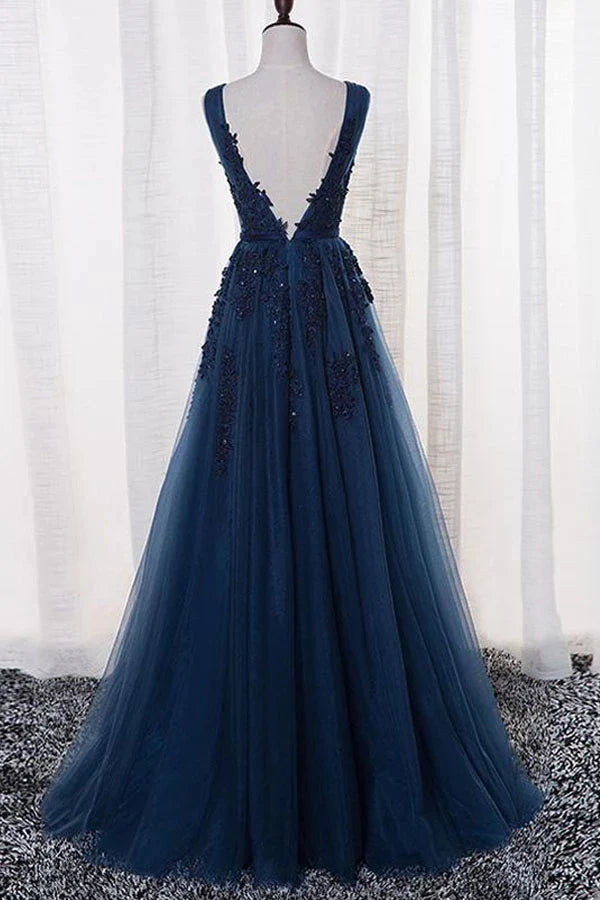 A-line Tulle V-neck Floor-length Prom Evening Dress With Appliques