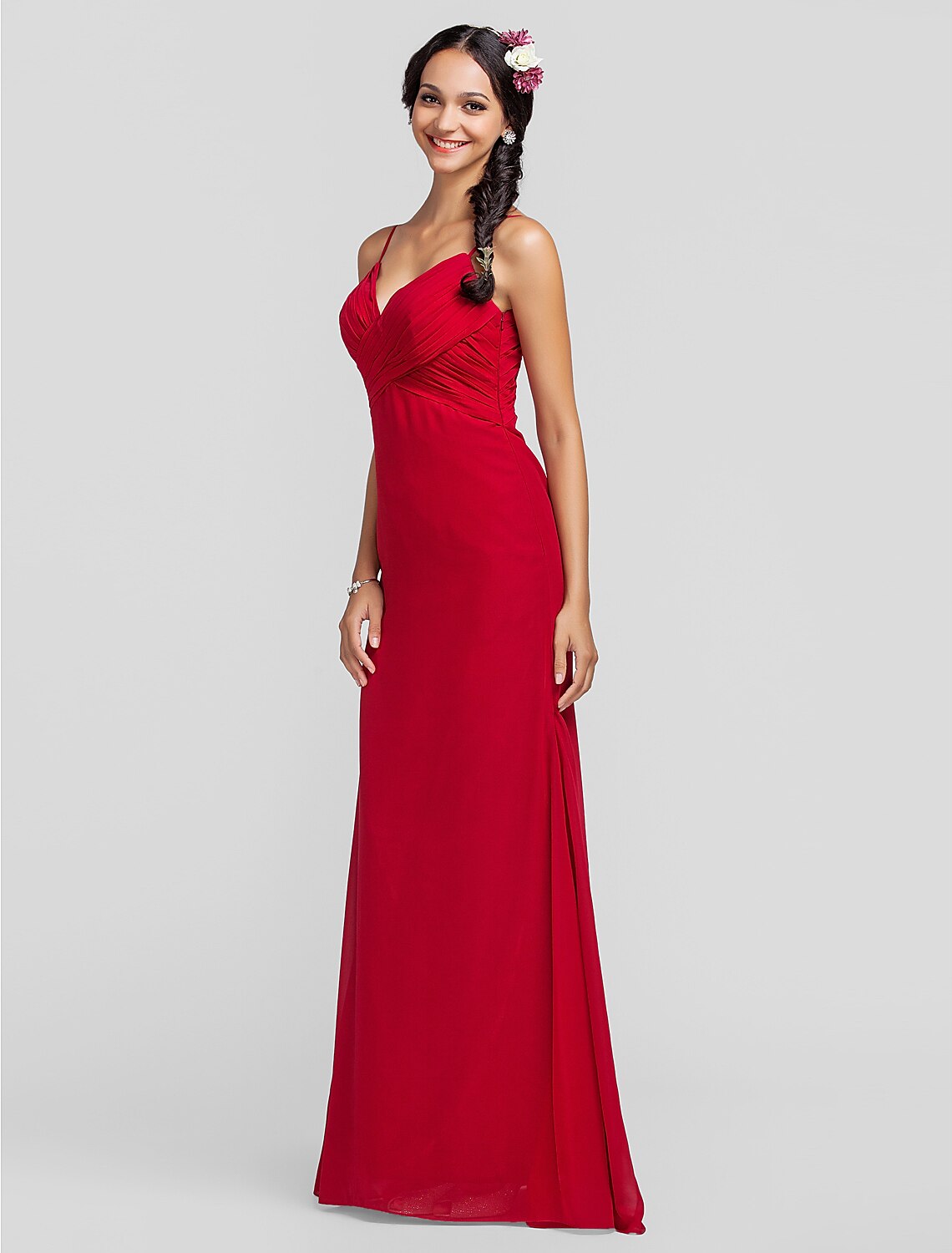 Etui-/Säulen-Brautjungfernkleid mit Spaghettiträgern und bodenlangem Chiffon-Kleid