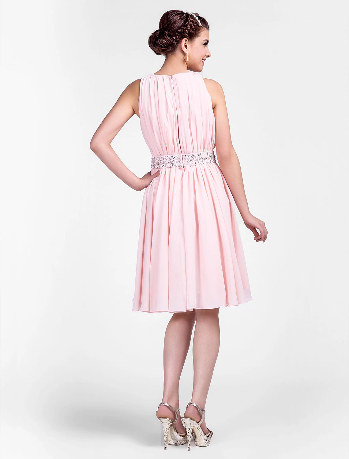 Ballkleid, süßes Kleid für Heimkehr, Cocktailparty, Hochzeitsfeier, Rundhalsausschnitt, ärmellos, knielang, Chiffon mit Perlenbesatz