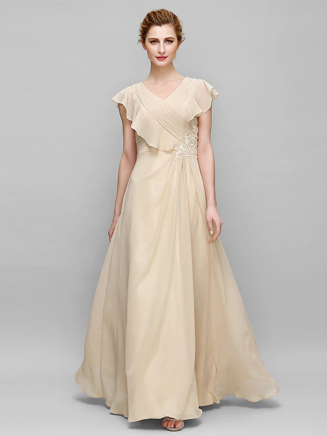 Sheath / Column Mother of the Bride Dress Plus Size Elegant V Neck Floor Length Chiffon Sleeveless with Criss Cross Appliques