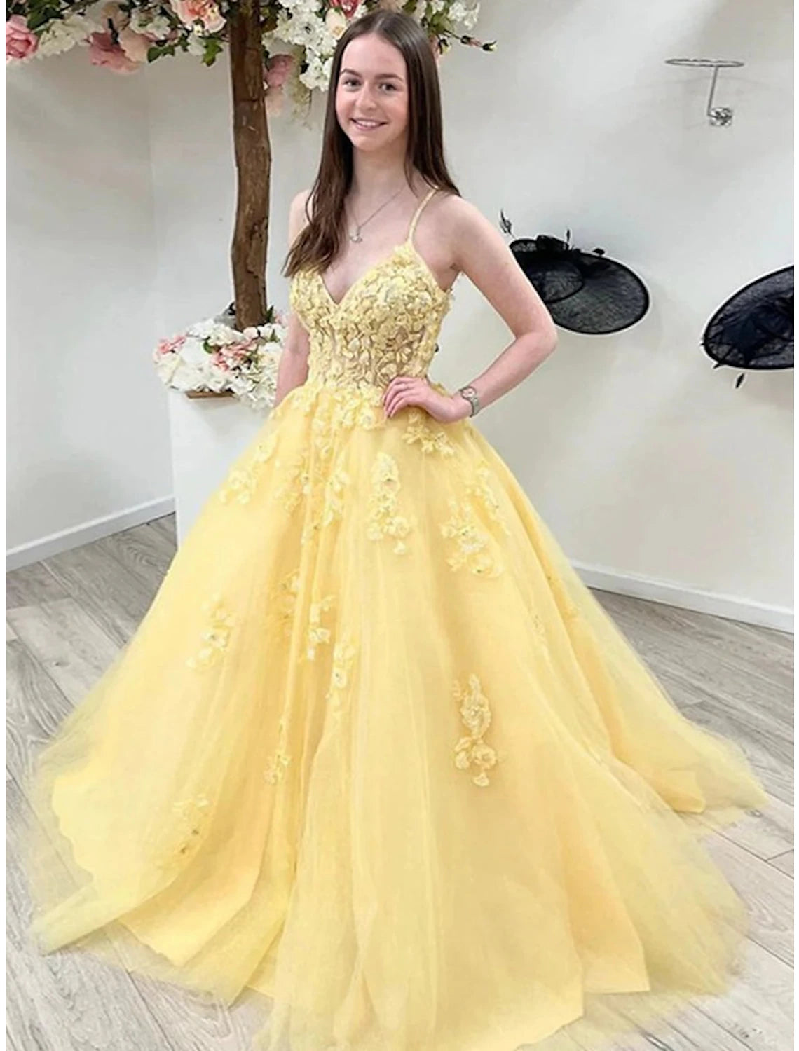 Ball Gown Prom Dresses Princess Dress Formal Floor Length Sleeveless V Neck Tulle Backless with Pleats Appliques