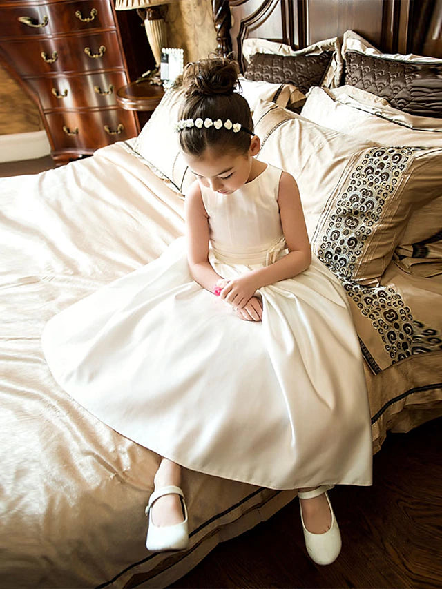 A-Line Ankle Length Flower Girl Dress First Communion Girls Cute Prom Dress Satin with Bow(s) Elegant Fit 3-16 Years