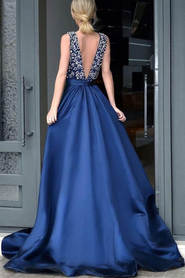 A-line V-neck Royal Blue Satin Beading formal dresses evening gown Prom Dresses With Sweep Train